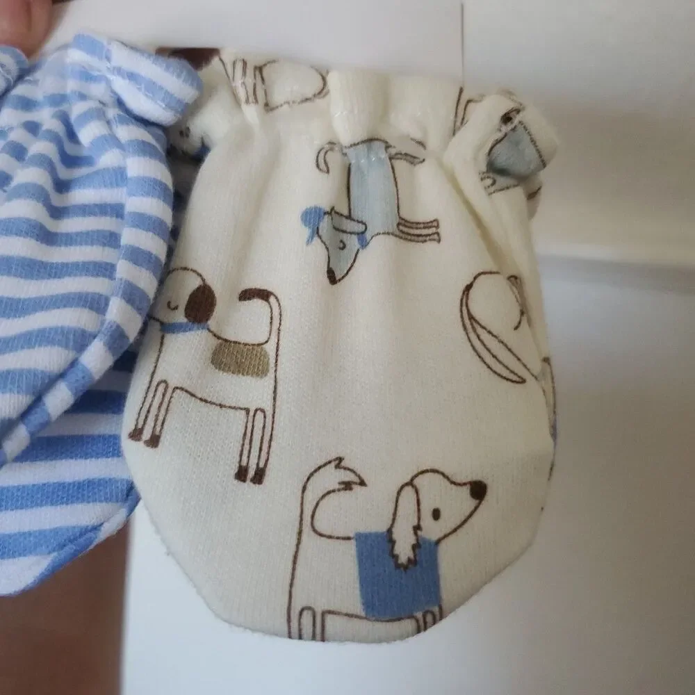 Boy’s Newborn Child Mittens, 3 pack Doggie Stripes and Solid Cream Blue Green